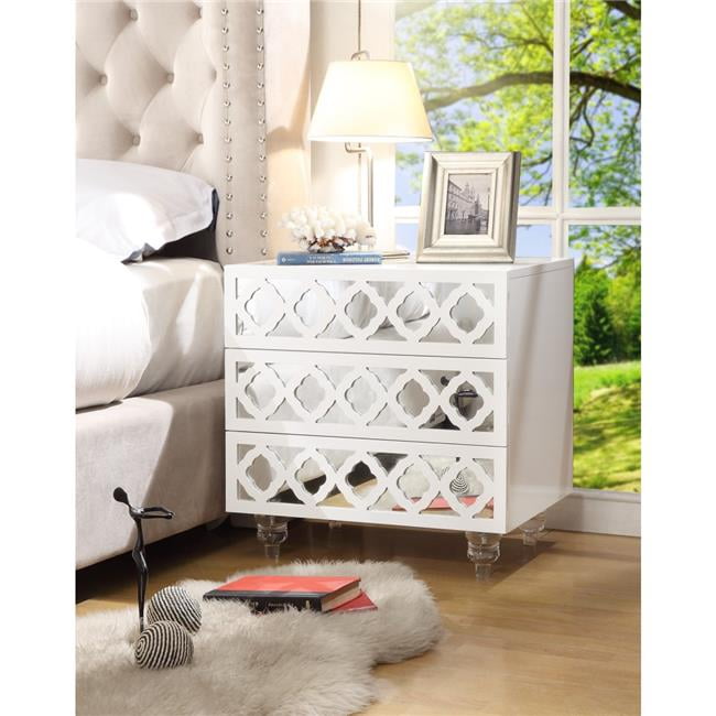 White Lacquer Finish 3-Drawer Side Table with Lucite Legs
