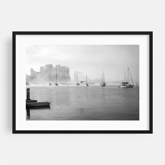 Serenity in the Mist - San Diego California Photography Black and White Cityscape Foggy Harbor Sailboat Water Moody Black Framed Wall Art Print 5 x 7 inches