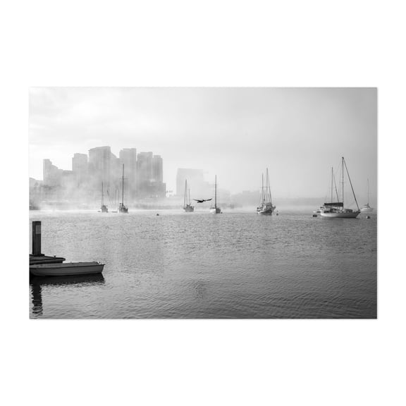 Serenity in the Mist - San Diego California Photography Black and White Cityscape Foggy Harbor Sailboat Water Moody Unframed Wall Art Print 32 x 48 inches
