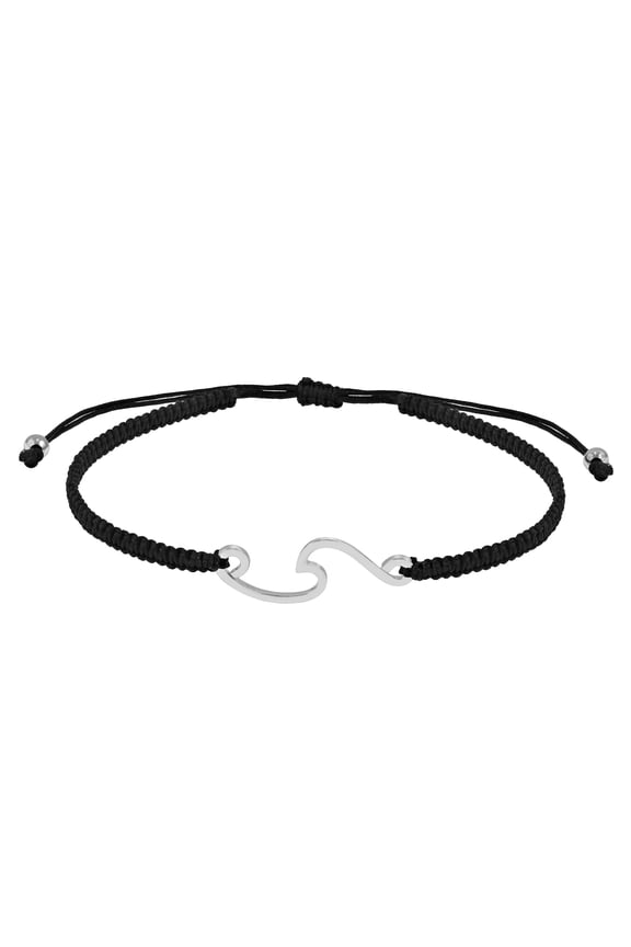 Serenity Ocean Wave Sterling Silver Charm Black Rope Adjustable Bracelet