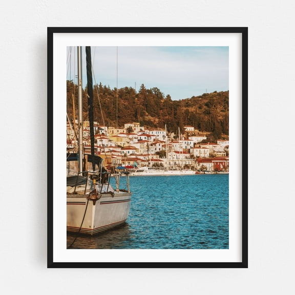 Serenity in Poros _ 02 - Poros Greece Photography Sailboat Harbor Seascape Mediterranean Nautical Coastal Vintage Black Framed Wall Art Print 6 x 8 inches
