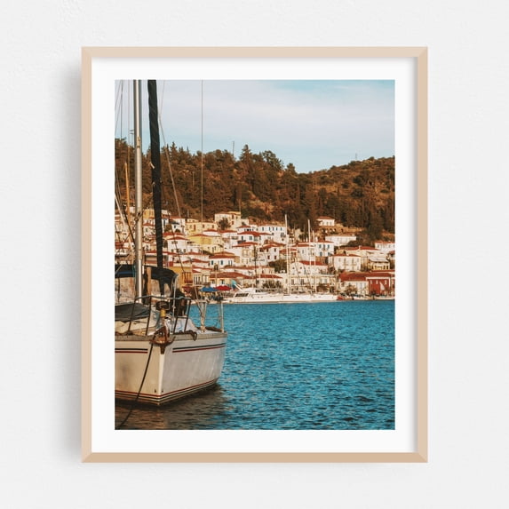 Serenity in Poros _ 02 - Poros Greece Photography Sailboat Harbor Seascape Mediterranean Nautical Coastal Vintage Oak Framed Wall Art Print 16 x 20 inches