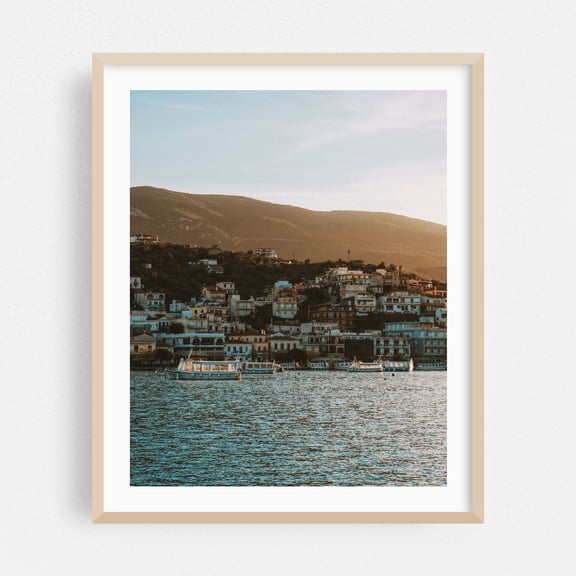 Serenity in Poros _ 11 - Poros Greece Photography Seaside Harbor Coast Boat Mediterranean Architecture Sunset Oak Framed Wall Art Print 18 x 24 inches
