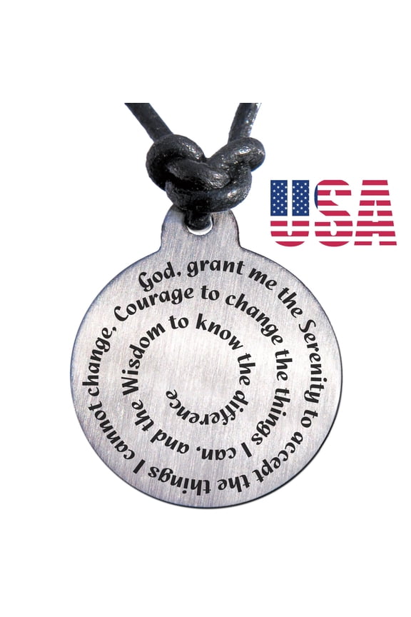 Serenity Prayer Medallion Leather Necklace AA Alcoholics Anonymous, NA Narcotics Anonymous 12 Step Recovery