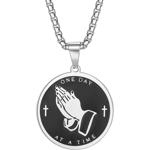 Serenity Prayer Necklace with Praying Hands Coin Pendant for Men Women Lords Prayer Bible Verse Courage Wisdom Stainless Steel 24 inches
