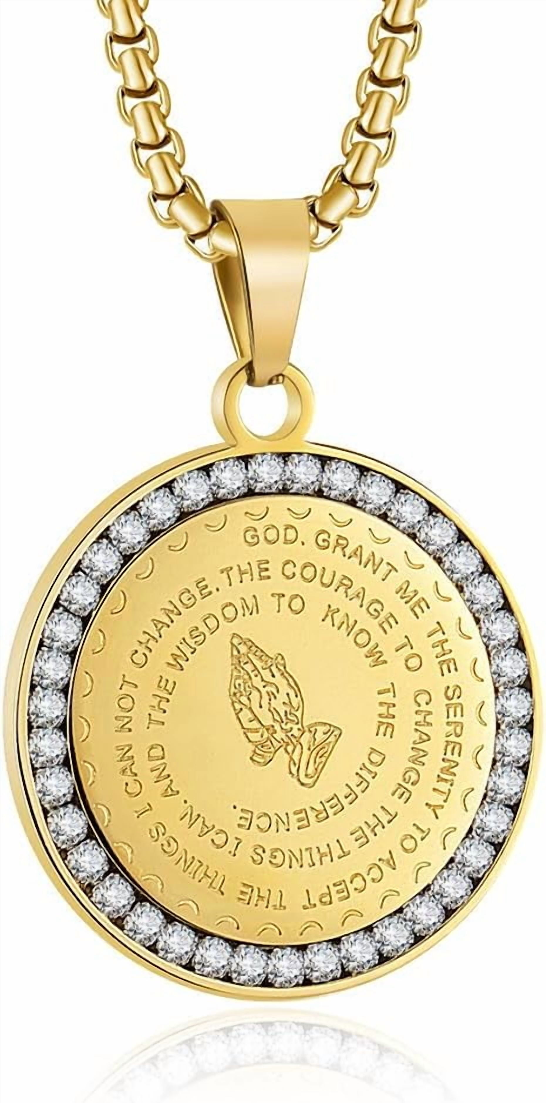 Serenity Prayer Necklace with Praying Hands Coin Pendant for Men