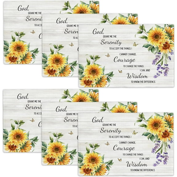 Serenity Prayer Placemats Set of 6 Scripture Table Mats Washable Sunflower Place Mats for Home Party Indoor Kitchen Dining Table Decoration 12x18 Inch