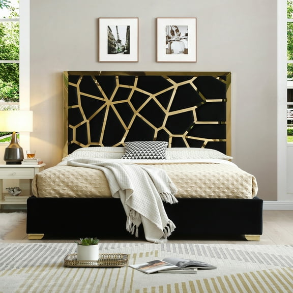 Serenity Queen Velvet Bed with Gold Metal Frame in Black Color