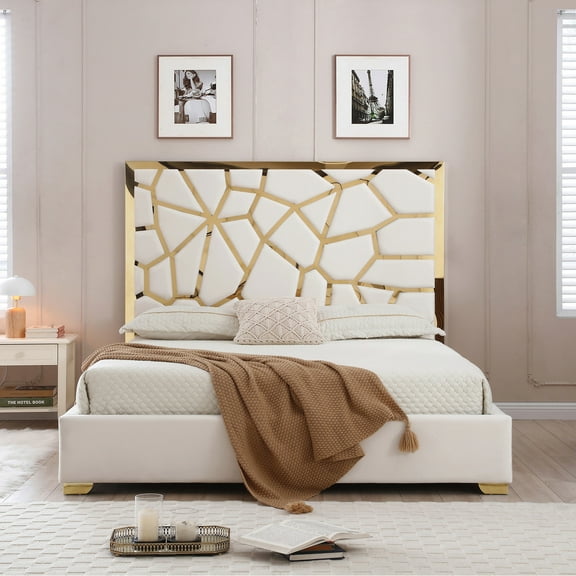Serenity Queen Velvet Bed with Gold Metal Frame in Cream Color