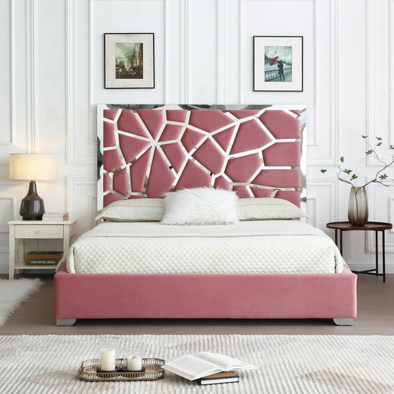 Serenity Queen Velvet Bed with Silver Metal Frame in Pink Color