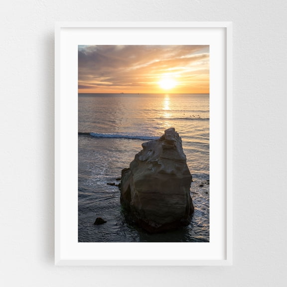 Serenity Rock at Dusk - San Diego California Photography Sunset Ocean Coast Beach Landscape Scenic Nature White Framed Wall Art Print 24 x 36 inches