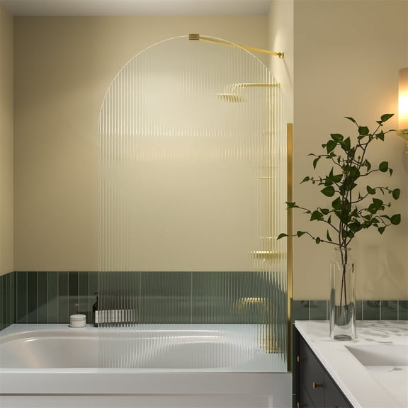 Serenity-S 33" x 58" Bathtub Screen Reeded Glass Shower Panel For BathtubBrushed Gold FinishReversible