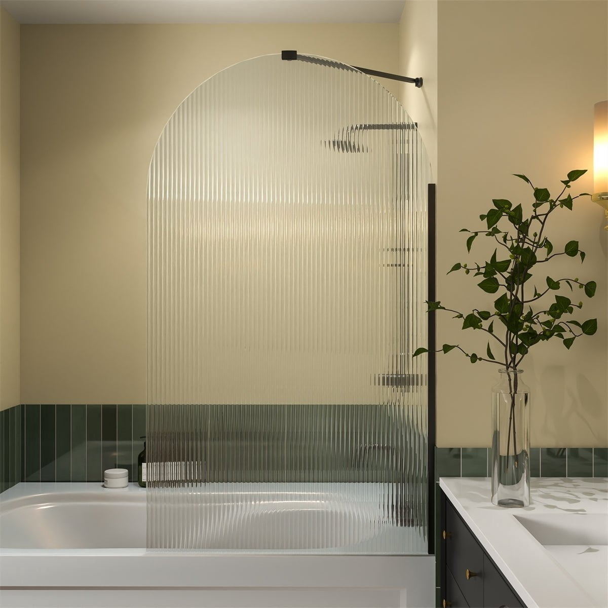 Serenity-S Bathtub Screen 33x58 Matte Black Reeded Glass Shower Panel