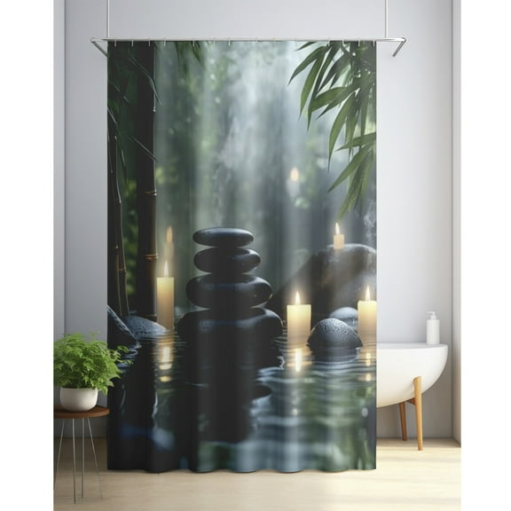 Serenity Zen Spa Shower Curtain with Stone Candles and Green Bamboo Design - Modern polyester fabric, easy care and washable, includes bathroom decorative hooks, shower privacy | modern bathroom