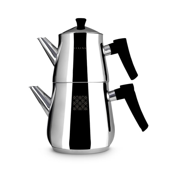 Serenk Definition Stainless Steel Turkish Tea Pot Set - 18/10 Stovetop Tea Kettle with 1L Teapot & 2L Base - Double Lid, Drip-Free Spout, Heat-Resistant Handles - All Cooktops & Induction Safe