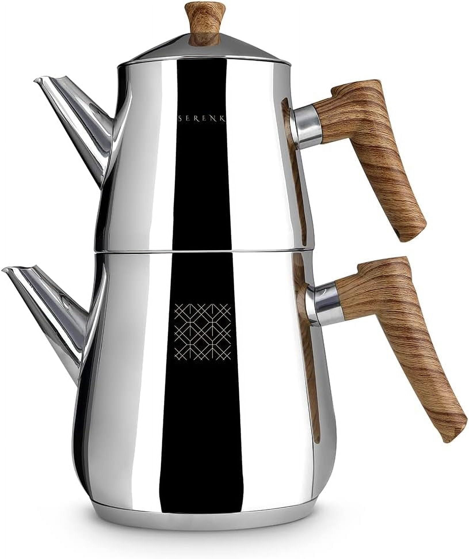Serenk Definition Stainless Steel Teapot Set, 1L Teapot & 2L Lower Pot, Double-Stacked Design, Induction Compatible, Mirror Polished Finish, Tea Kettle for Home