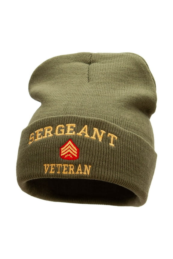 Sergeant Veteran Embroidered Long Knitted Beanie - Olive OSFM