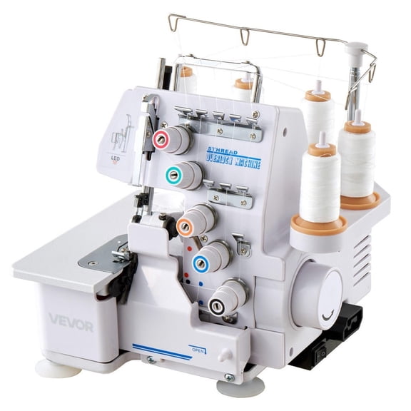 Serger Overlock Sewing Machine, heavy-duty, 2/3/5 thread capability, 1200 SPM high speed, metal frame, LED light, suction feet, white