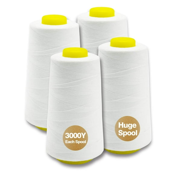 Serger Thread, 100% Spun Polyester All Purpose Sewing Thread, 40s/2, 4 Cones of 3000 Yards Each, 12000 Yards Total, Thread for Serger, Overlock, Embroidery, Quilting, Sewing Machine, White