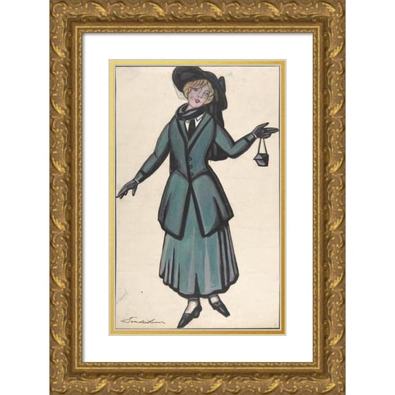 Sergey Yurievich Sudeikin 11x14 Gold Ornate Wood Frame and Double Matted Museum Art Print Titled - Woman Wearing a Blue-Green Suit