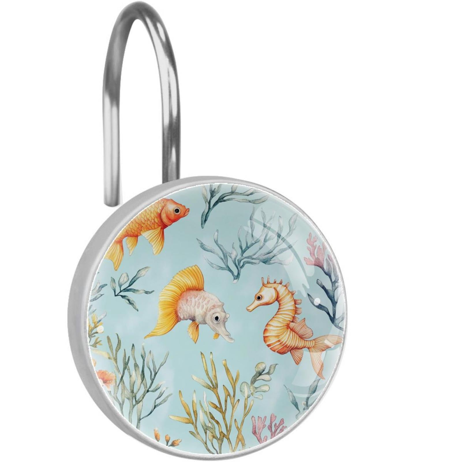 Serhorse Fish Corals Shower Curtain Hooks Round Crystal Glass, Set of 12 Shower Curtain Rings - Shower Hooks for Curtain Shower Rings