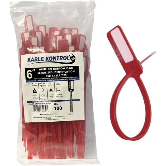 Serialized Write-On Narrow Flag Identification Zip Ties 6 Inch 5000 Pcs Bulk Pack Red - Bulk Pack