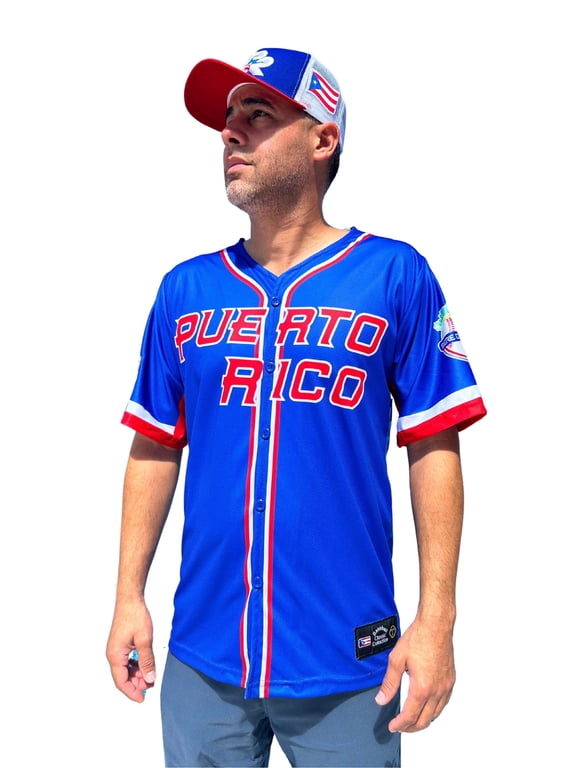 Baseball Jersey Puerto Rico Flag Design, Blue Red Button Front Shirt for Men Women MEDIUM