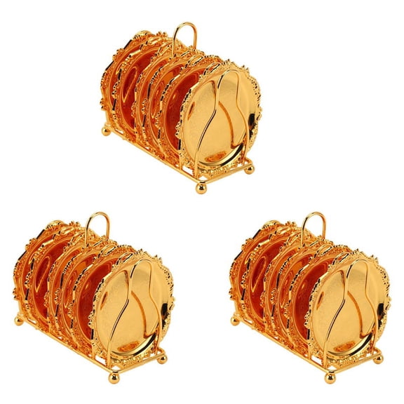 Series 18 Piece Drink Coaster Decorative Frame Non-Slip Metal Coaster Desktop Display,18 * Coasters 3 * Holder,gold