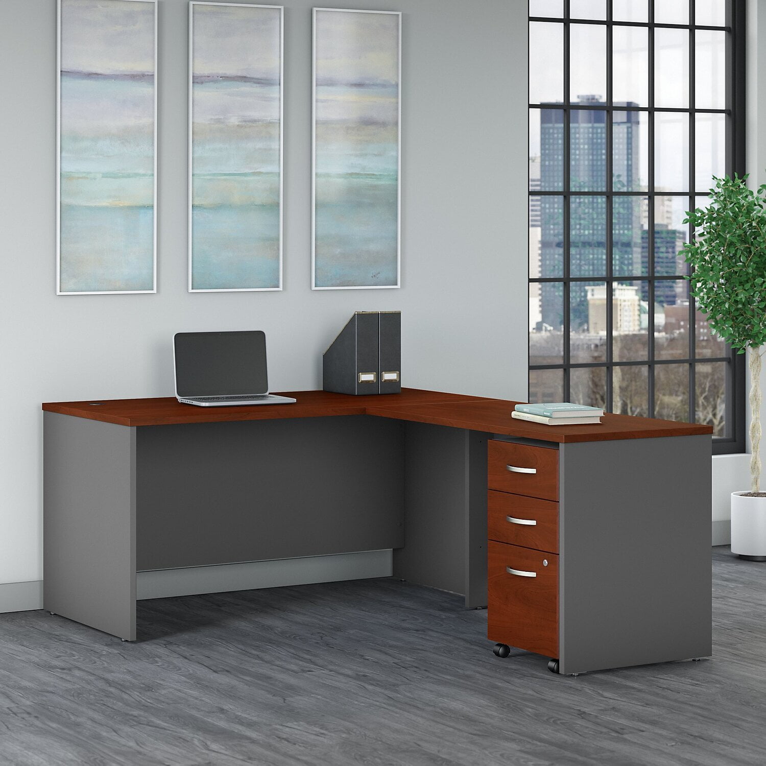 Executive Mocha Cherry L-Shaped Desk with 3-Drawer Mobile File Cabinet