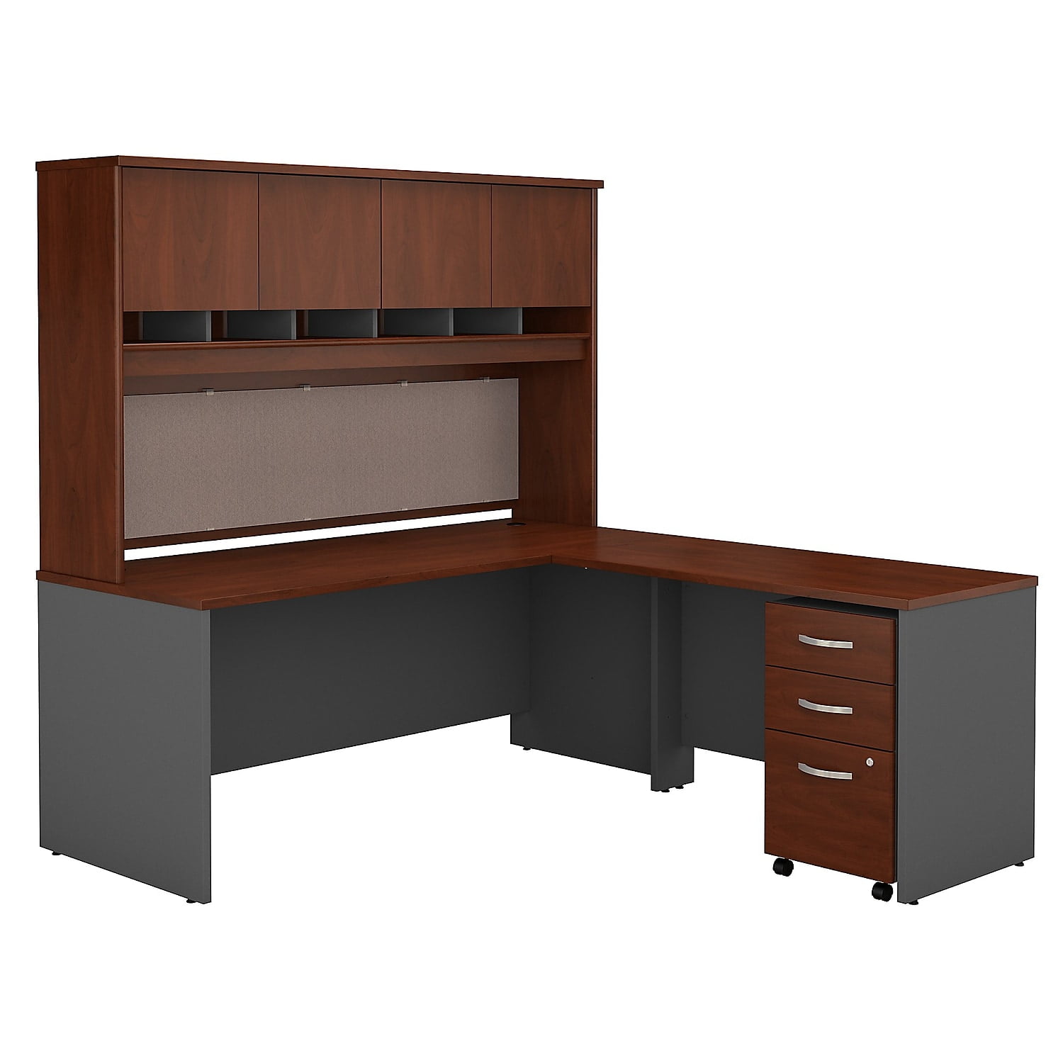 Hansen Cherry Graphite Gray L-Shaped Desk with Hutch and Filing Cabinet