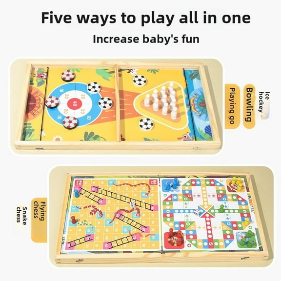 A Series of Five in One Wooden Tabletop Games, Including Checkers, Bowling, Ice Hockey, And Flying Chess. Fun, Perfect for Gathering with Friends And Family, Perfect for Easter