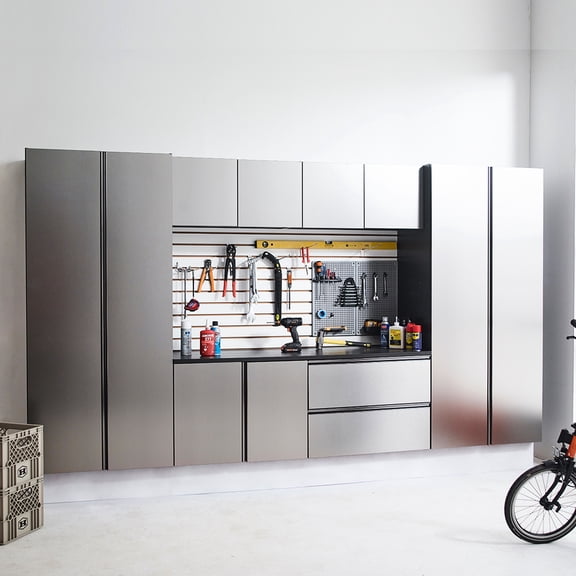 Series Garage Cabinet. 128in. W X 72in. H 20in. D. Wall Mounted With Soft Closing Mechanism, Extra Deep Storage, Water & Heat , Stain Scratch D Cabinet Series. Mounted, Drawers Doors, To Heat,