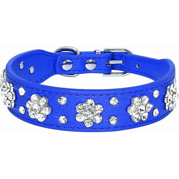 Serijoars Rhinestone Dog Collar - Cute Flower Bling PU Leather Collar for Cats and Dogs, Adjustable Sizes XS Small Medium