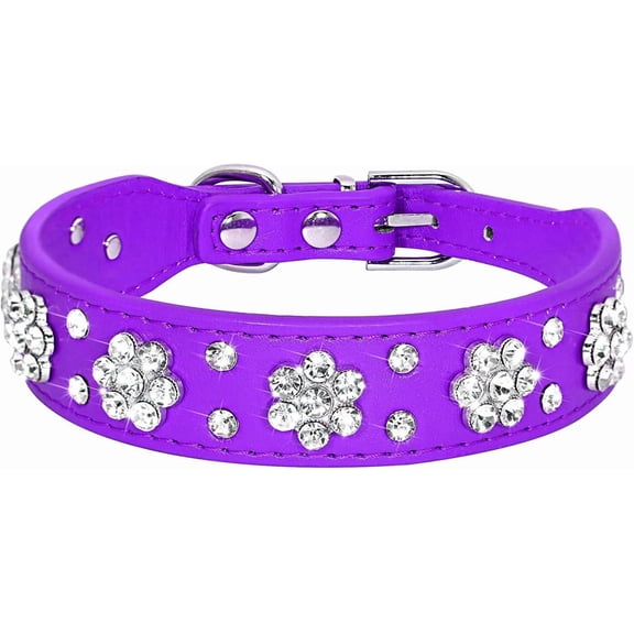 Serijoars Rhinestone Dog Collar - Cute Flower Bling PU Leather Collar for Cats and Dogs, Adjustable Sizes XS Small Medium