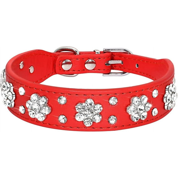 Serijoars Rhinestone Dog Collar - Cute Flower Bling PU Leather Collar for Cats and Dogs, Adjustable Sizes XS Small Medium