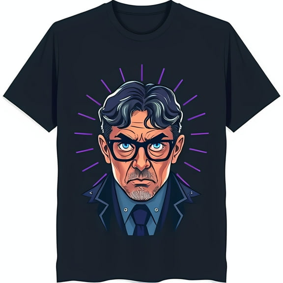 Serious Cartoon Man in Glasses & Suit Black T-Shirt with Design