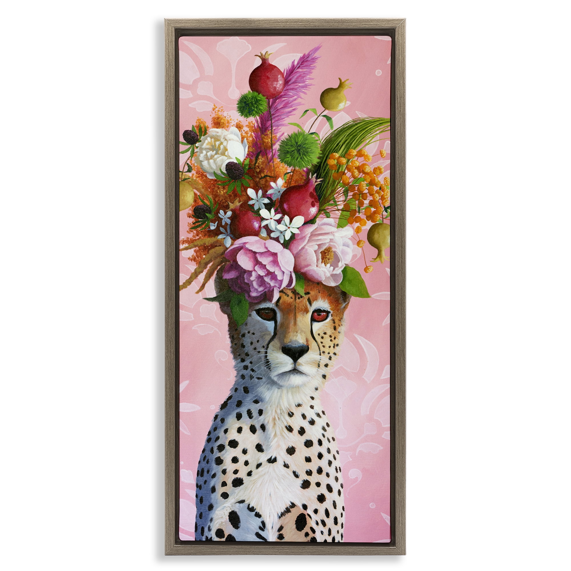 Serious Cheetah & Florals Brown Framed Floater Canvas Wall Art, design by Heather Gauthier