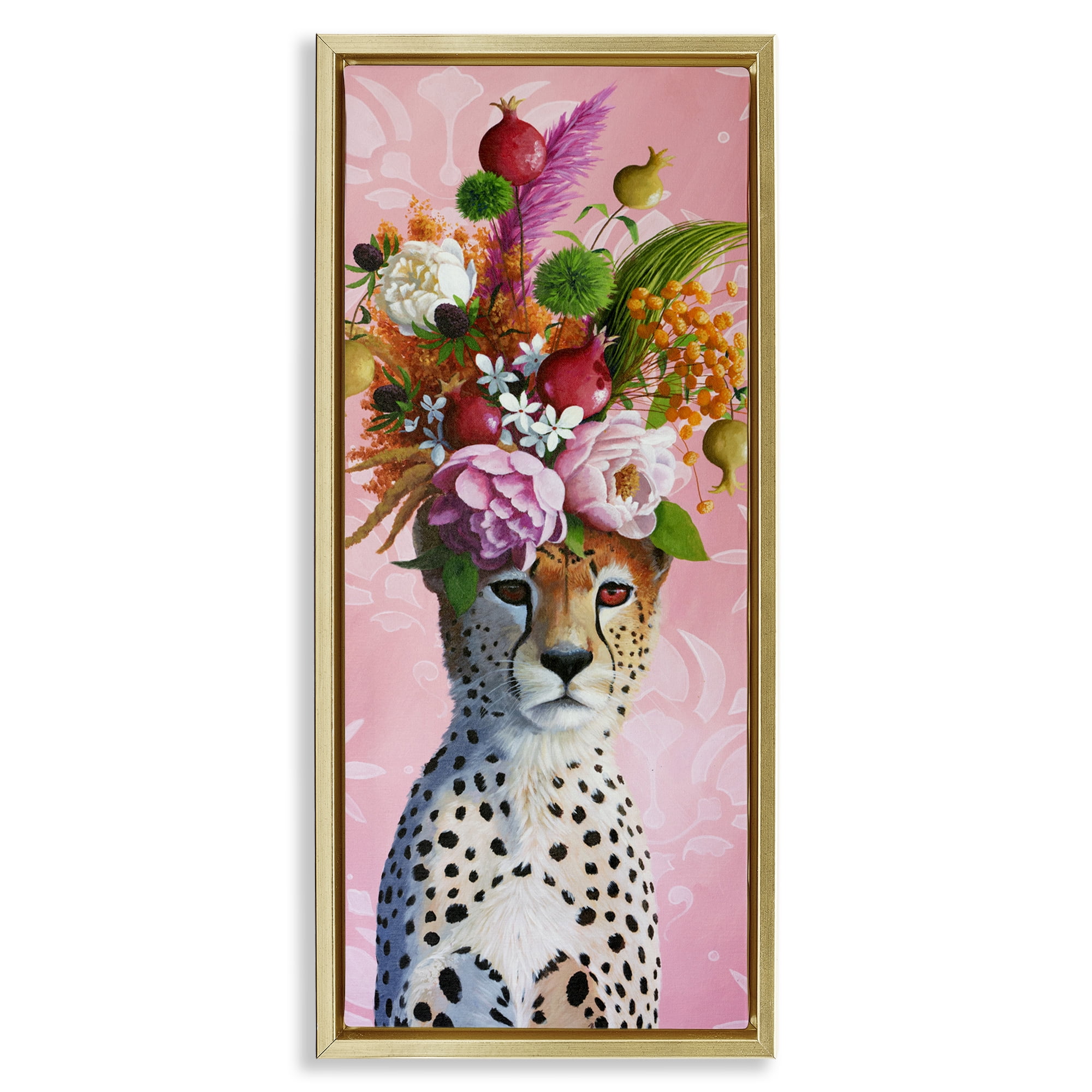 Serious Cheetah & Florals Gold Framed Floater Canvas Wall Art, design by Heather Gauthier