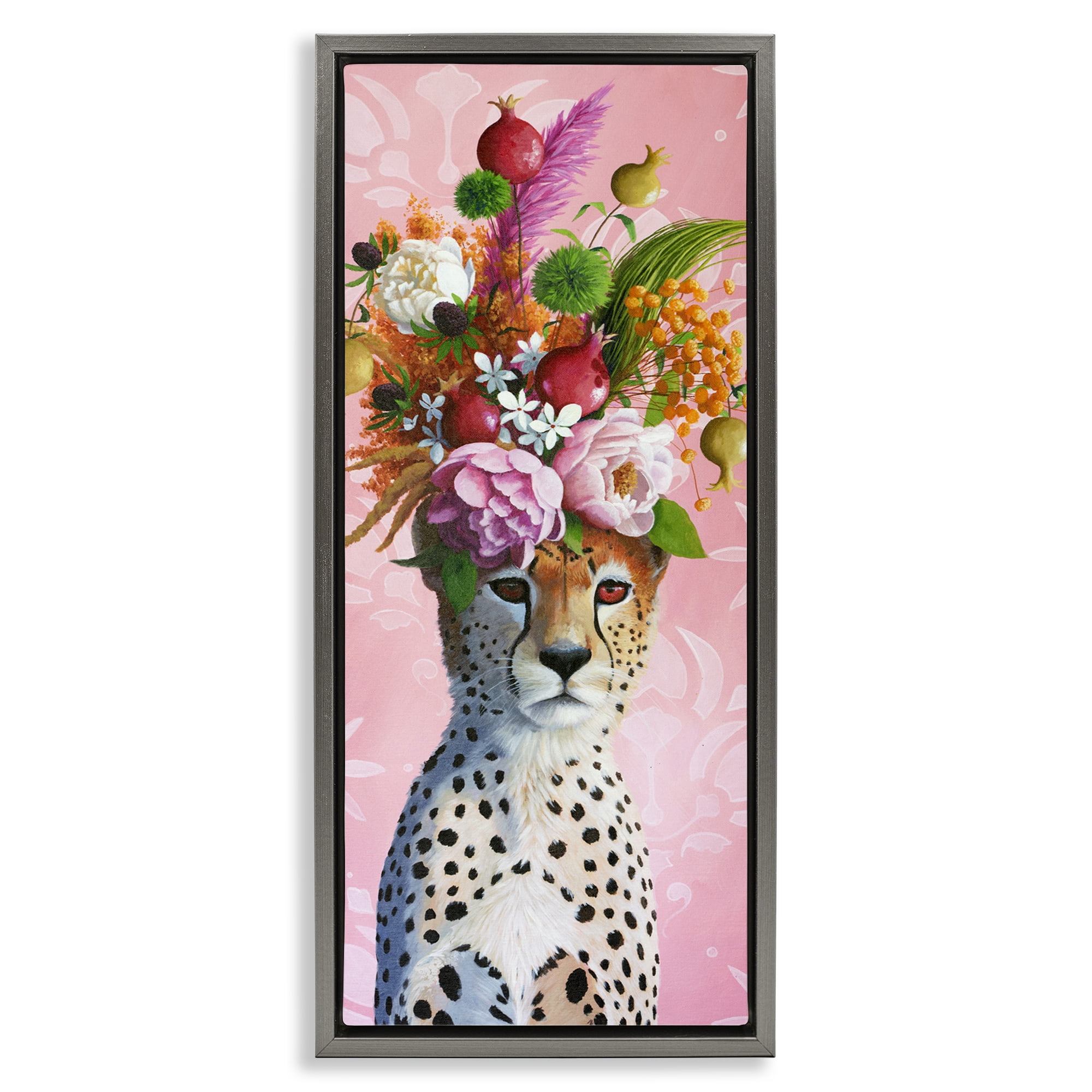 Serious Cheetah & Florals Gray Framed Floater Canvas Wall Art, design by Heather Gauthier