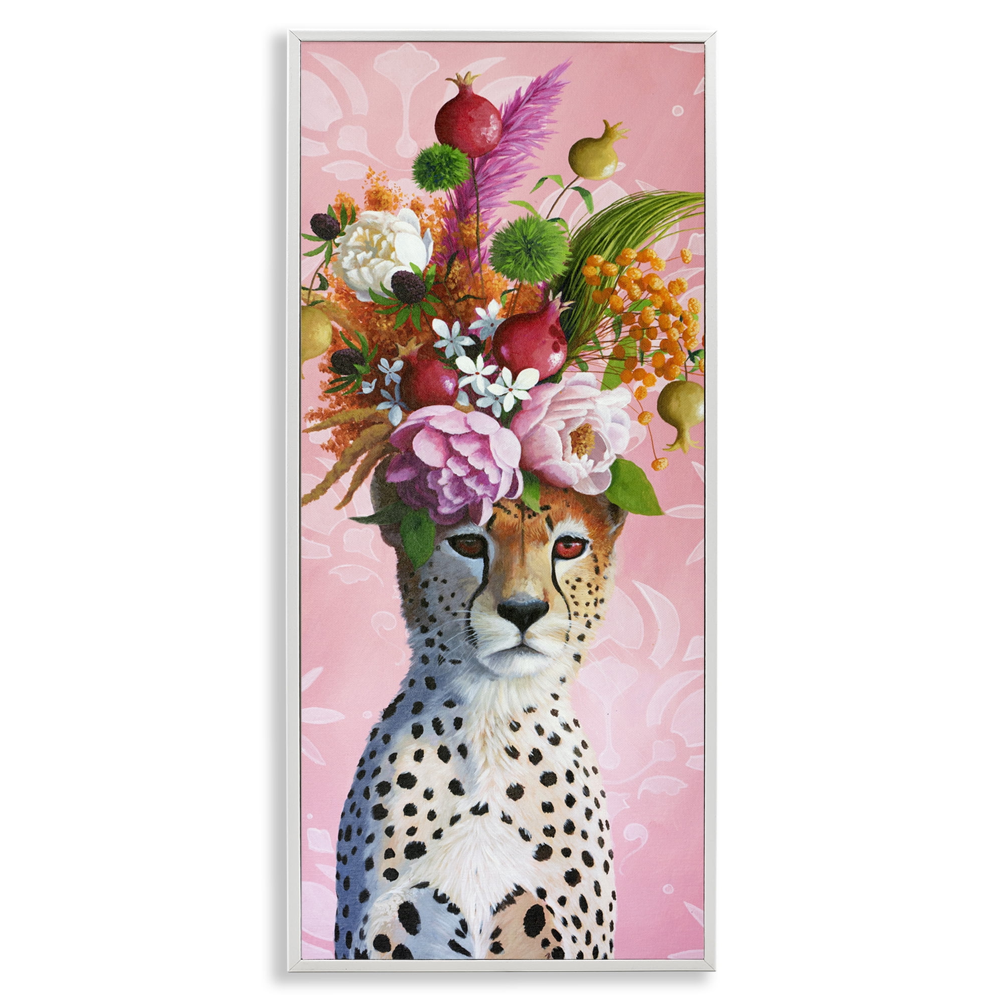Serious Cheetah & Florals White Framed Giclee Art, design by Heather Gauthier