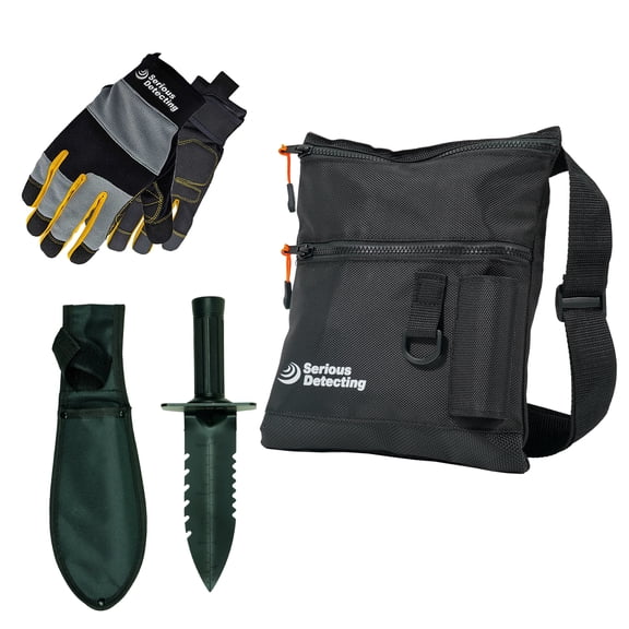 Serious Detecting Mesh Bottom Beach Finds Bag Pouch wIth Pinpointer Holster, Digging Tool, and Gloves