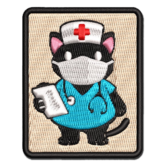 Serious Nurse Doctor Cat with Stethoscope Applique Multi-Color Embroidered Hook & Loop Patch - 2.0 Inch Mini