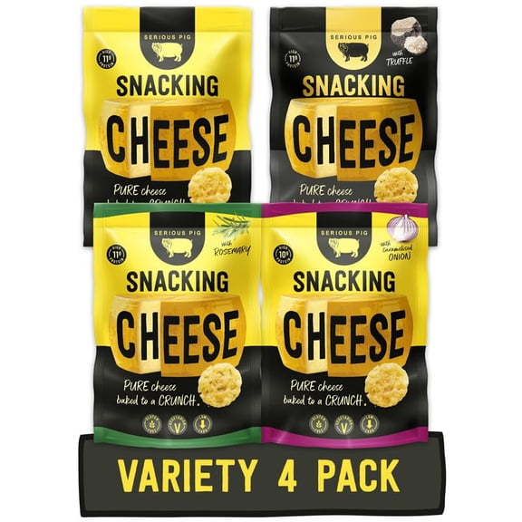Serious Pig Snacking Cheese Taster Pack - Crunchy Cheese Snacks in 4 Flavours, Classic, Rosemary, Truffle and Caramelised Onion, High Protein, Keto, Gluten Free (4 x 24g)