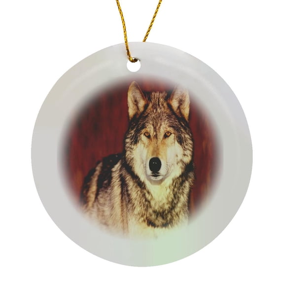3drose, Serious Pose of Brown Wolf, Circle Porcelain Ornament