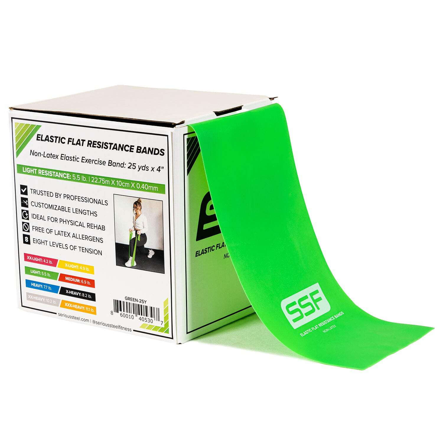 Serious Steel Fitness Flat Resistance Bands for Upper and Lower Body Strength Training and Exercise. (Non Latex Flat Physical Therapy Exercise Bands - 4" x 25 Yards) -Light - Green