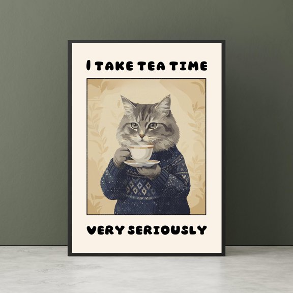 Serious Tea Cat, Cat in Sweater, Tea Time Poster, Mug Cozy,Funny Kitchen Wall Art, Humorous Pet Lover Gift, Cat Lover Gift Print., Poster Only