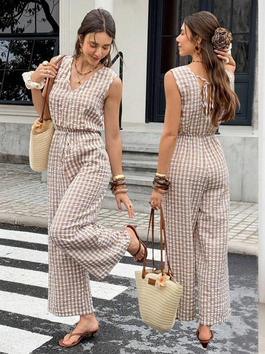 Women's Plaid Striped Sleeveless V-Neck Wide-Leg Jumpsuit,White Summer Boho Holiday Vacation Holiday Casual Elegant Party Wedding Graduation Formal