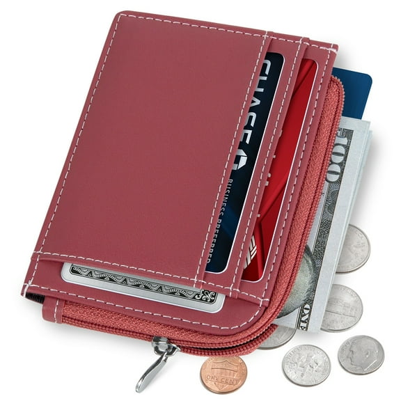 Serman Brands RFID Blocking Women's Microfiber Leather Card Wallet with Zipper, Berry Mini