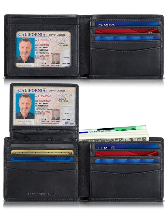 2 ID Window Wallet for Men | RFID Blocking | Premium Full Grain Leather | Bifold Top Flip | Extra Capacity Travel Wallet | Charcoal Black