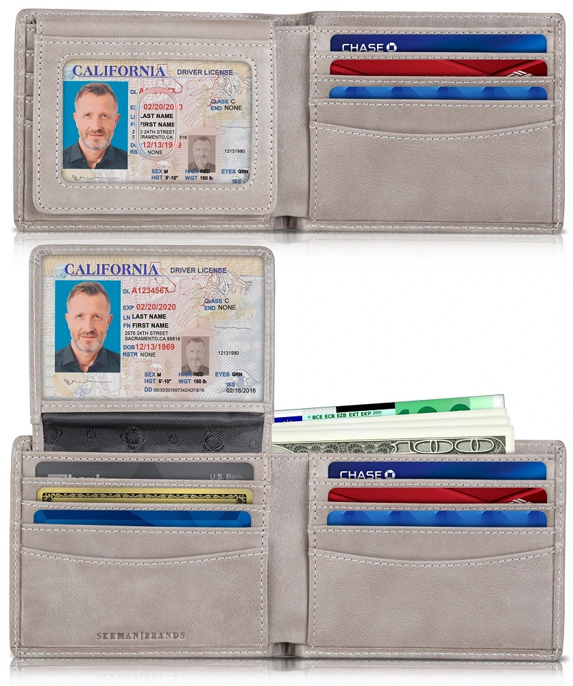 Billetera de 2 ventanas para ID para hombre | Bloqueo RFID | Cuero genuino de primera calidad | Bifold de tapa superior | Billetera de viaje de capacidad extra | Gris pizarra